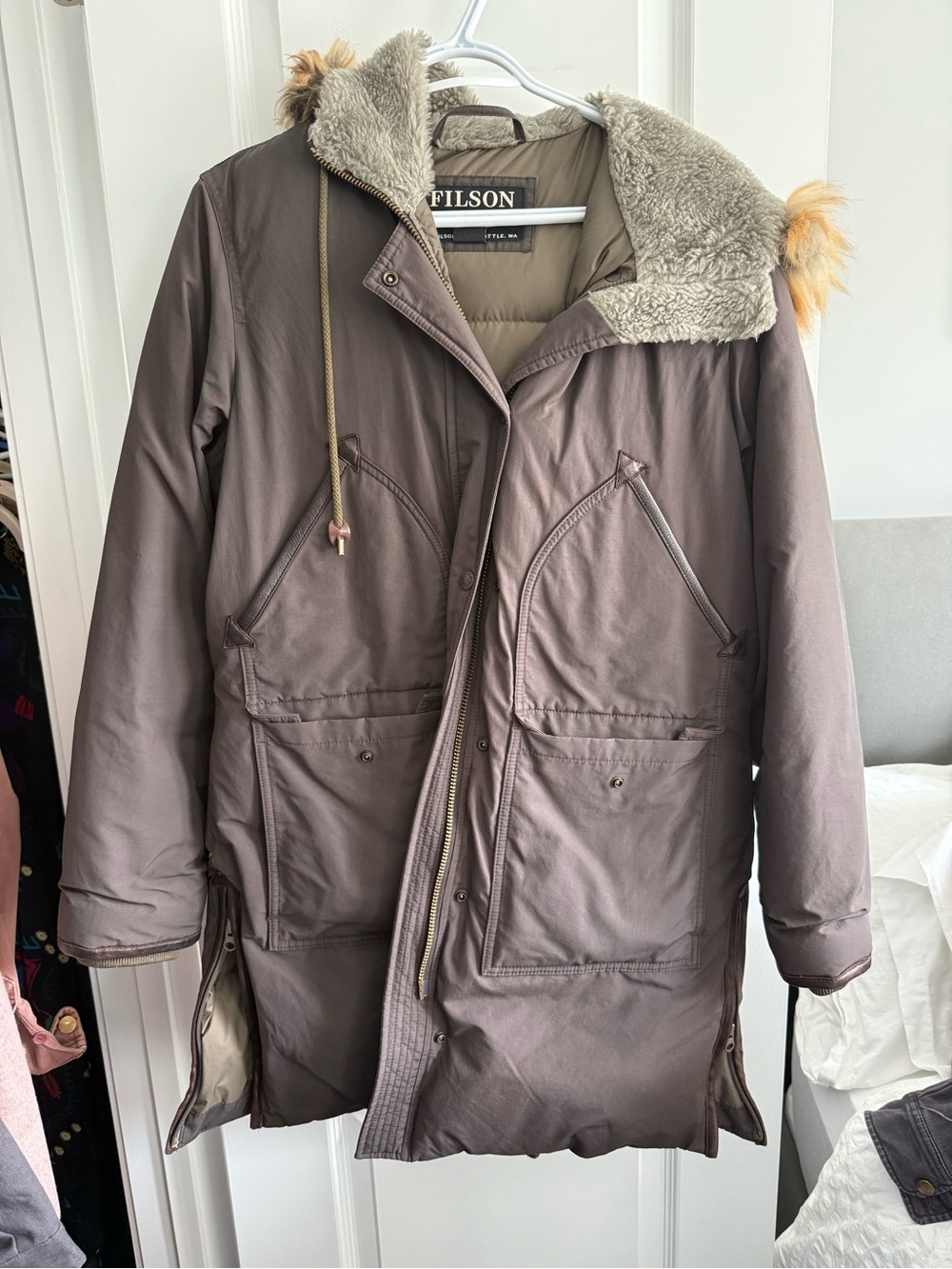Filson Women's Taupe-Brown Insulated Parka with Shearling Hood